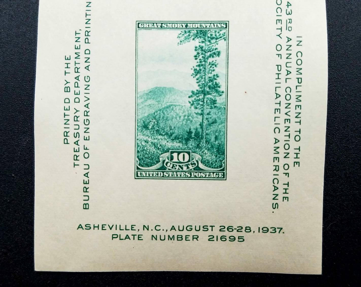 Vintage unused postage souvenir 10 cent stamp mini-sheet - Great Smoky Mountains, 1937