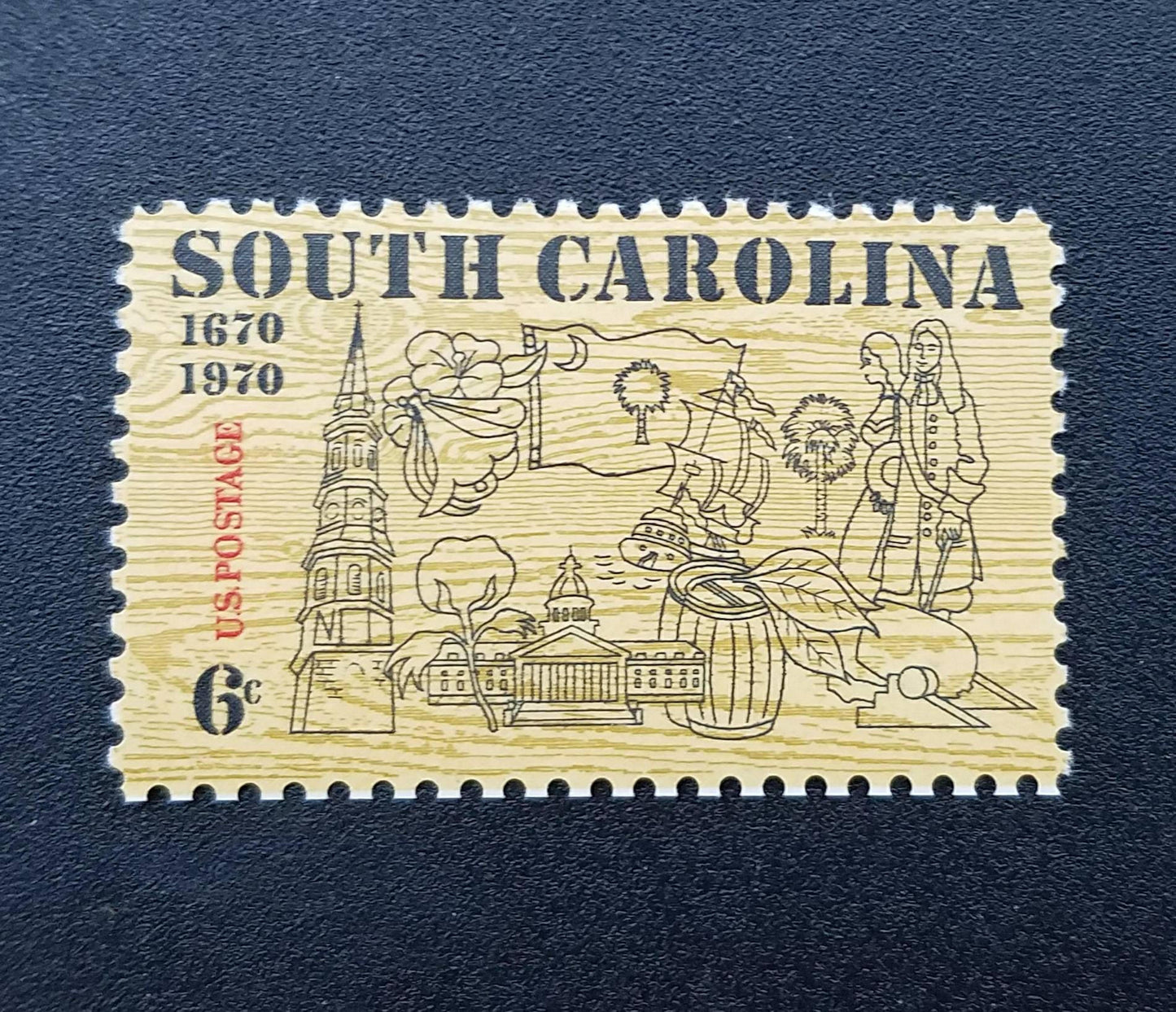 Five (5) vintage unused postage stamps - South Carolina symbols // 6 cent stamps // Face value 0.30