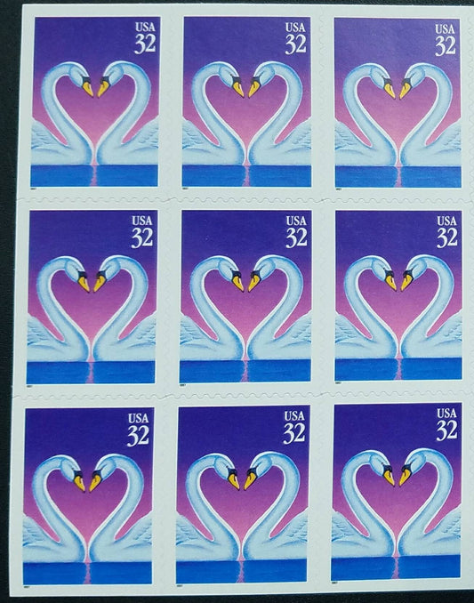 Five (5) vintage unused wedding postage stamps - Swans & love // 32 cent stamps // Face value 1.60