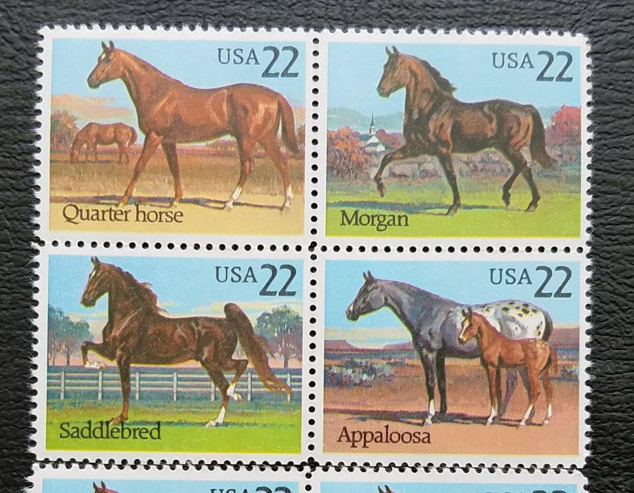 Four (4) vintage unused postage stamps - Horses // 22 cent stamps // Face value 0.88