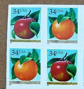 Four (4) unused romantic postage stamps - Apples and oranges // 34 cent stamps // Face value 1.36