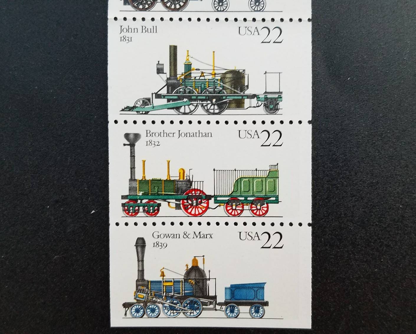 Five (5) vintage unused postage stamps - Steam engines // 22 cent stamps, face value 1.10