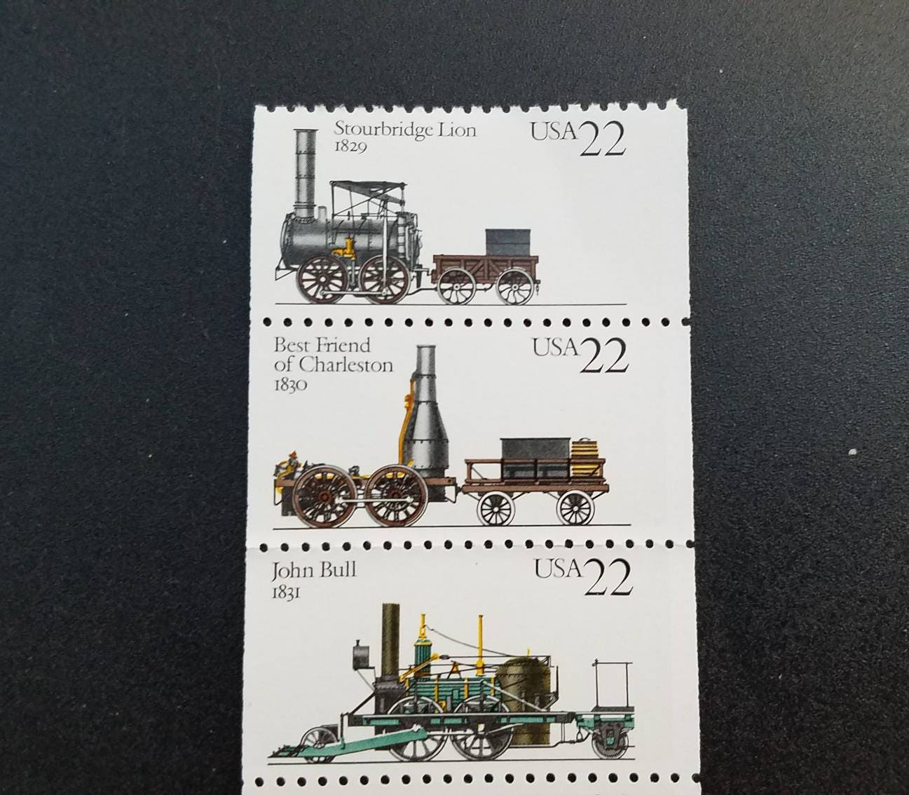 Five (5) vintage unused postage stamps - Steam engines // 22 cent stamps, face value 1.10