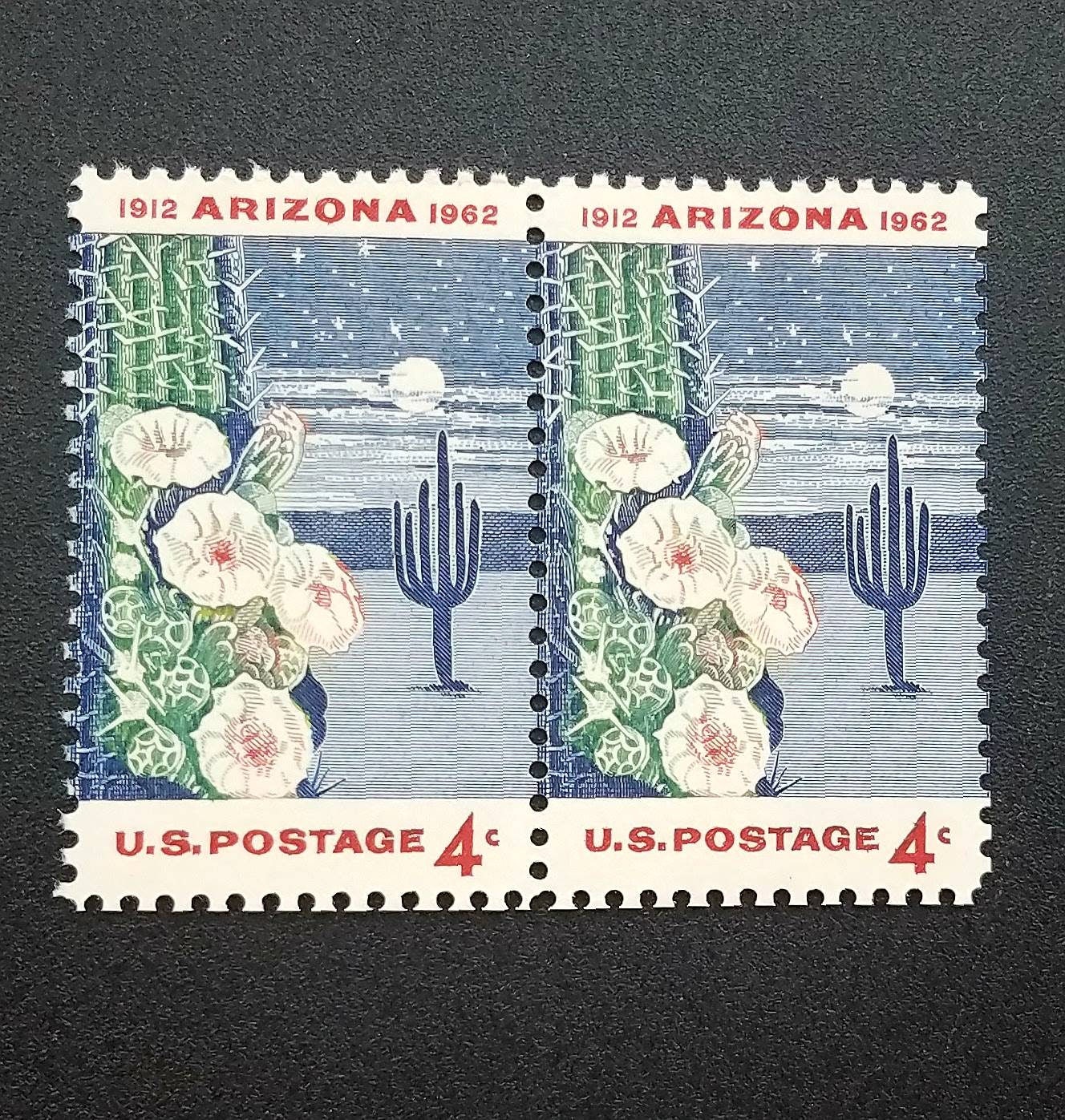 Five (5) vintage unused postage stamps - Arizona // 4 cent stamps // Face value 0.20