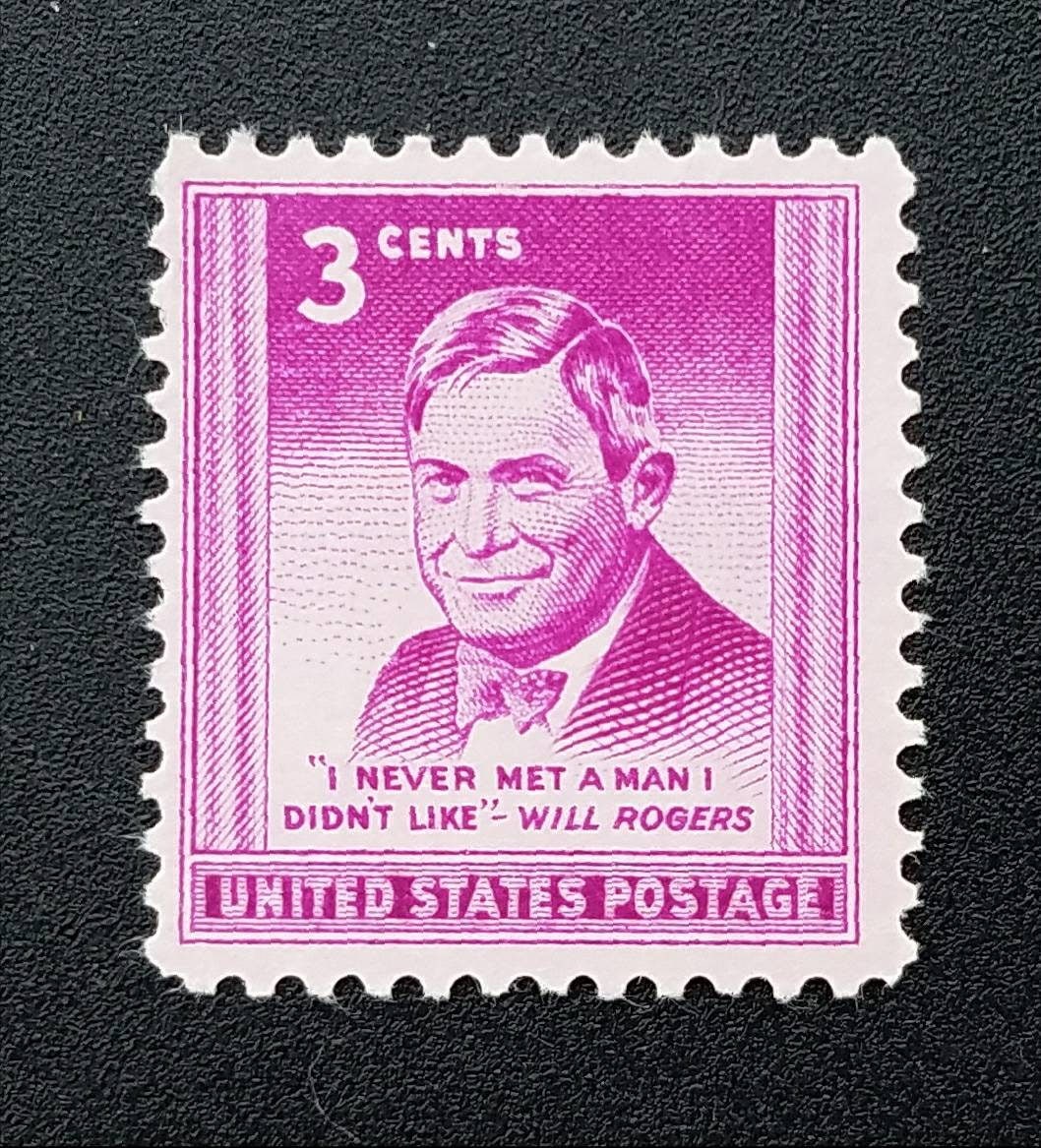 Five (5) vintage unused postage stamps - Will Rogers // 3 cents stamps // Face value 0.15