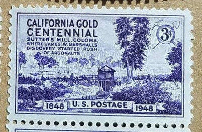 Five (5) vintage unused 1940s postage stamps - California gold centennial // 3 cent stamps // face value 0.15