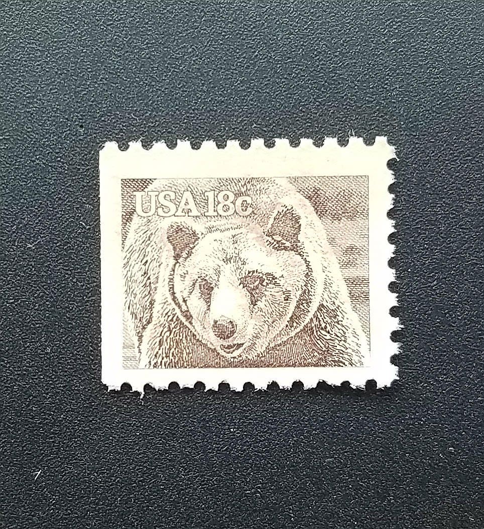 Five (5) vintage unused postage stamps - Brown bear, American wildlife // 18 cent stamps // Face value 0.90