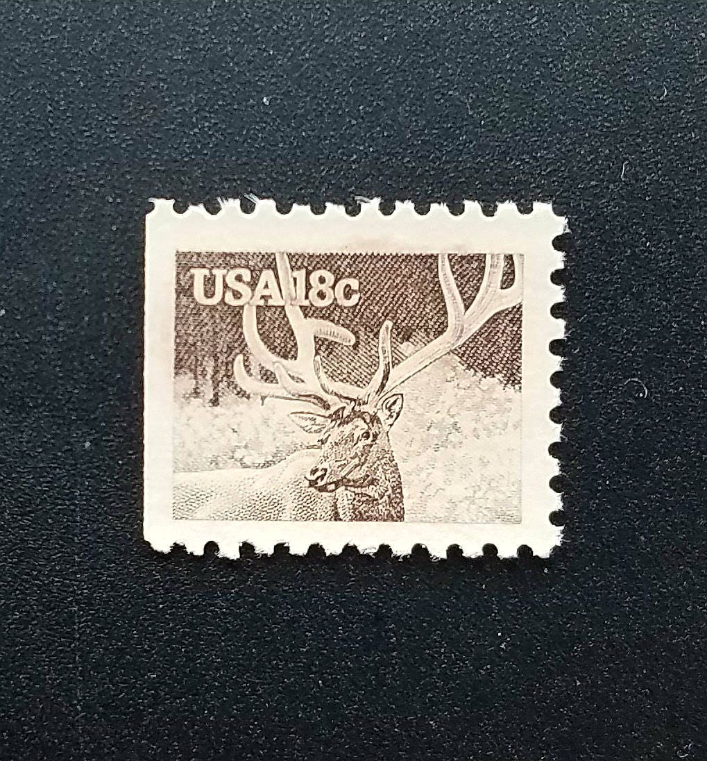 Five (5) vintage unused postage stamps - Elk, American wildlife // 18 cent stamps // Face value 0.90