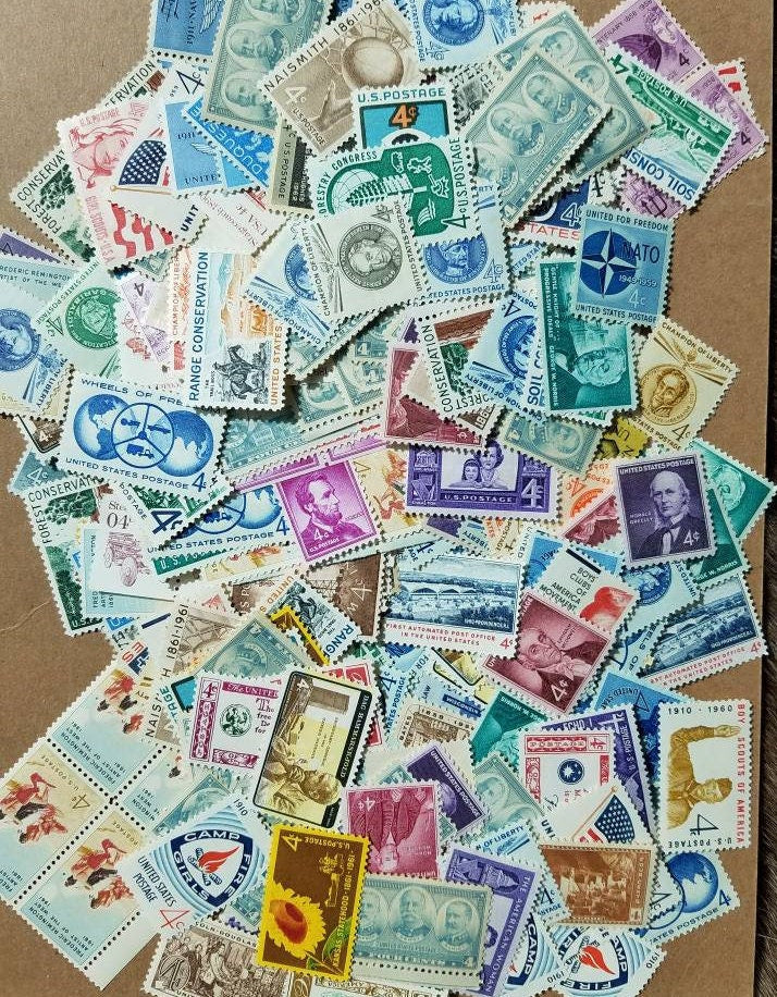 Twenty five (25) vintage unused 1950s-1960s postage stamps 4c // vintage 4-cent stamps // All different // Face value = 1.00