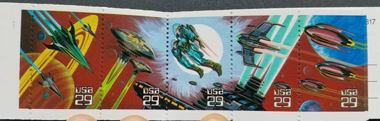 Five (5) vintage unused postage stamps - Space fantasy, 29 cent stamps. Face value 1.45