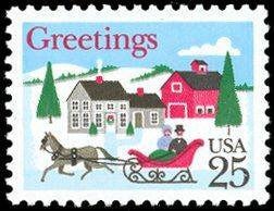 Five (5) vintage Christmas postage stamps - Christmas greetings & Sleigh // 25 cent stamps // Face value 1.25