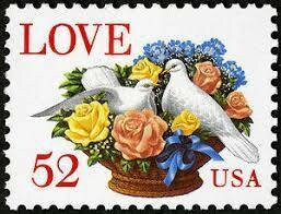 Five (5) vintage unused postage stamps - Love, roses, and doves // 52 cent stamps // face value 2.60