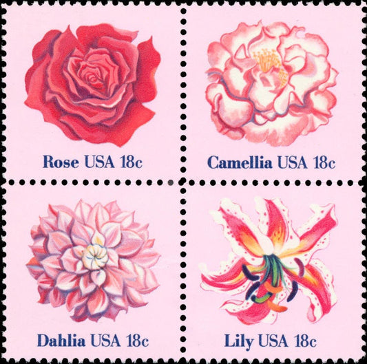 Four (4) vintage unused postage stamps - Rose, camellia, dahlia, lily // 18 cent stamps // Face value 0.72