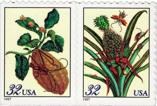 Five (5) vintage unused postage stamps - Merian botanical prints // 32 cent stamps // face value 1.60