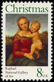 Five (5) vintage Christmas postage stamps - Madonna and Child by Raphael // 8 cent stamps // face value 0.40