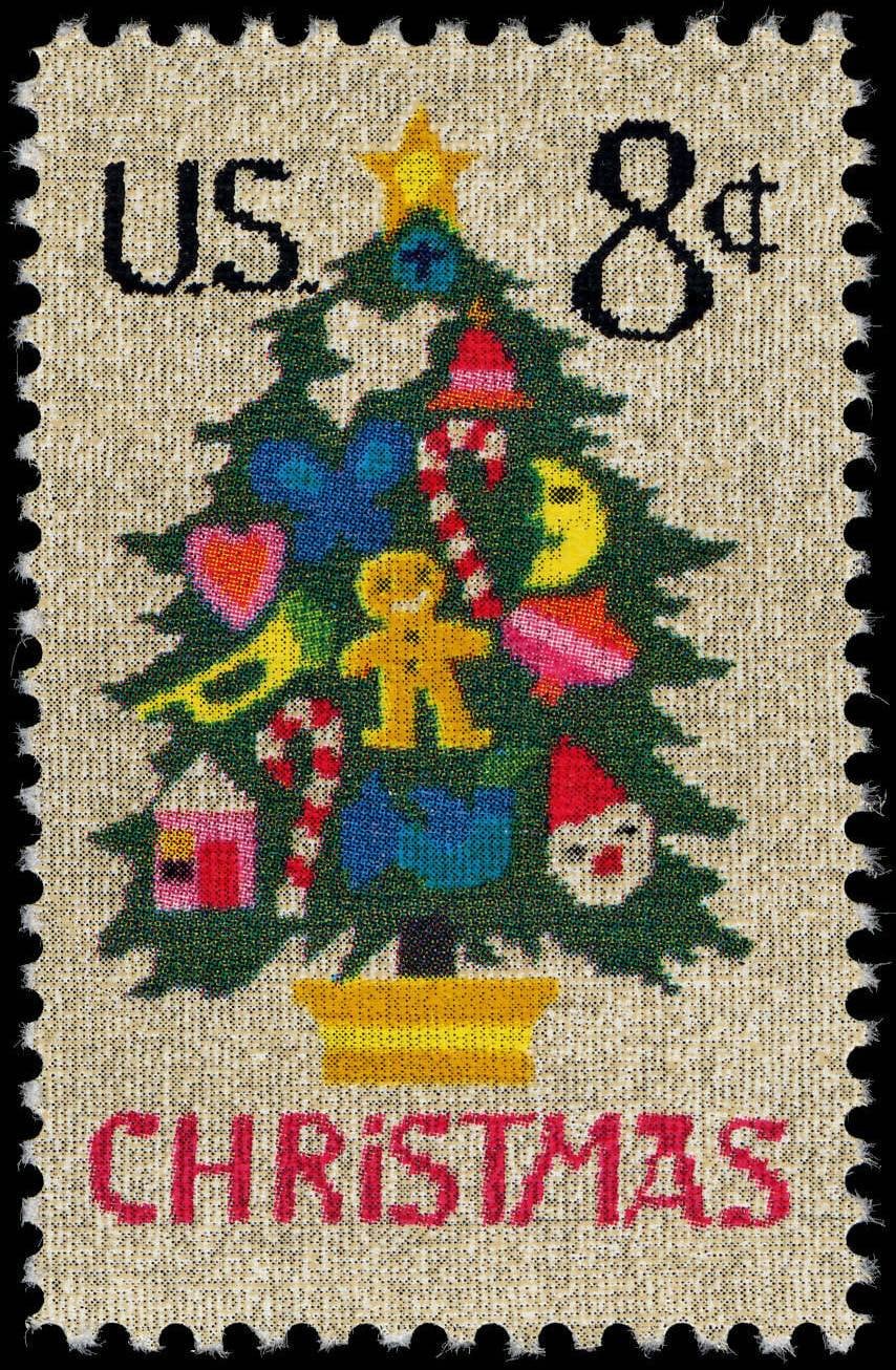 Five (5) vintage Christmas postage stamps - Needlepoint Christmas tree // 8 cent stamps // Face value 0.40