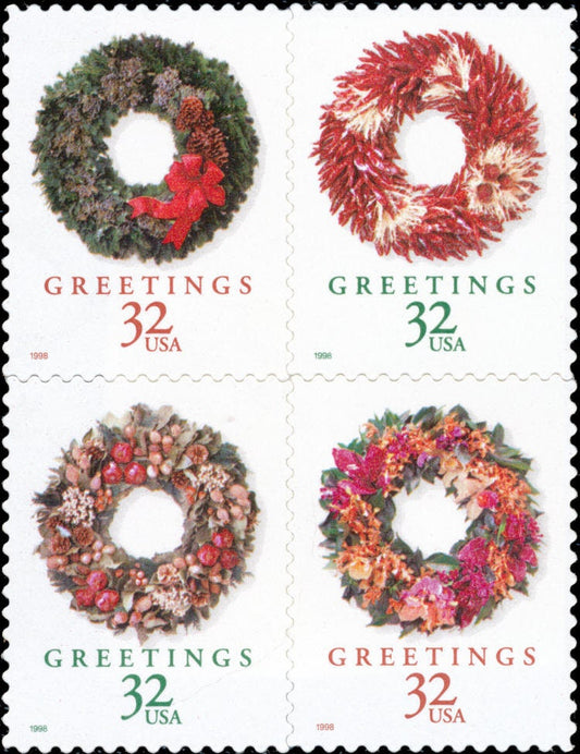 Four (4) vintage Christmas postage stamps - Christmas wreaths // 32 cent stamps // Face value 1.28