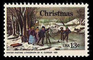 Ten (10) vintage unused Christmas postage stamps - Winter pastime, by Currier // 13 cent stamps // Face value 1.30