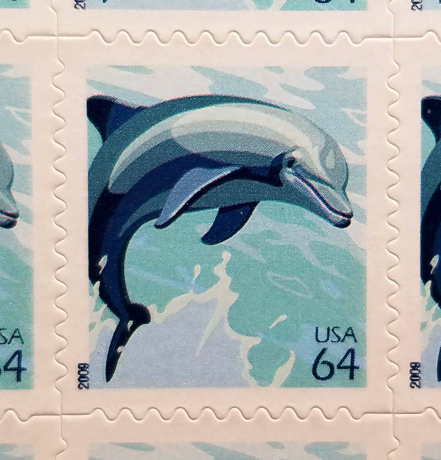 Five (5) vintage unused postage stamps - Dolphin // 64 cent stamps // Face value 3.20