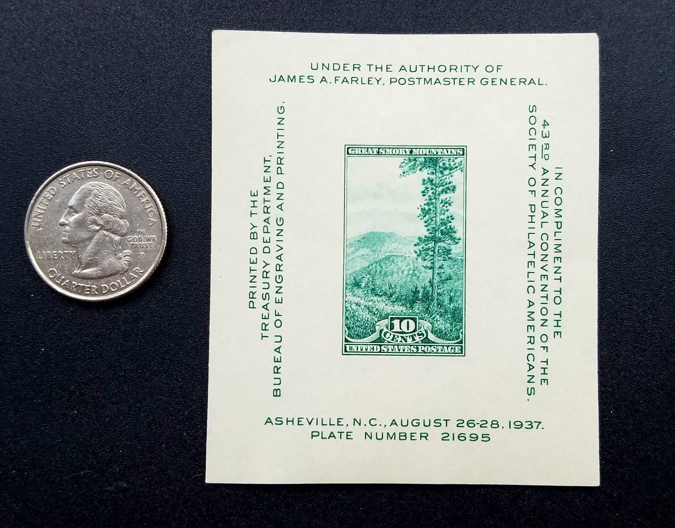 Vintage unused postage souvenir 10 cent stamp mini-sheet - Great Smoky Mountains, 1937