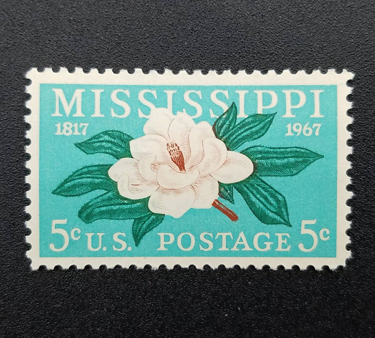 Five (5) vintage unused postage stamps - Mississippi magnolia // 5 cent stamps // face value 0.25