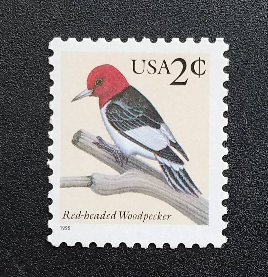 Ten (10) vintage unused postage stamps - Red-headed Woodpecker // 2 cent stamps // Face value 0.20