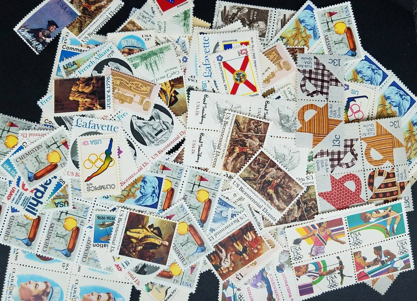 Hundred (100) 13 cent vintage unused postage stamps // 20 DIFFERENT DESIGNS! // Face value 13.00