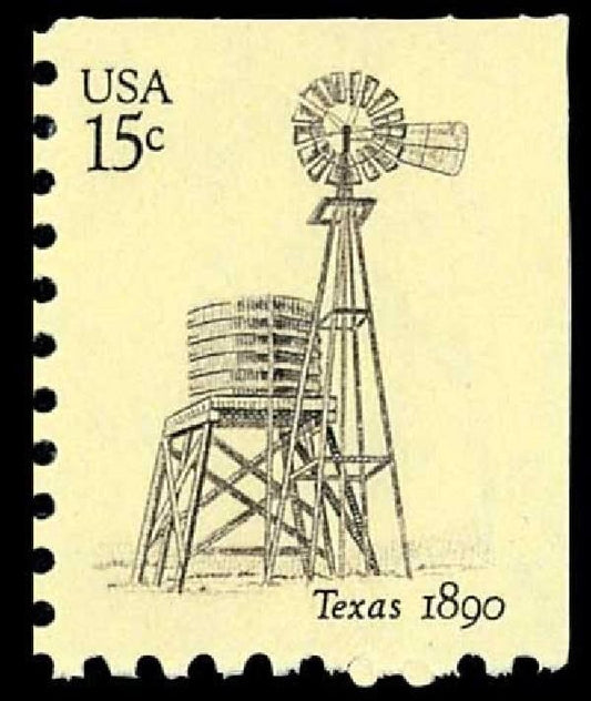 One (1) vintage unused postage stamp - Windmills: Texas, 1890 // 15 cent stamps