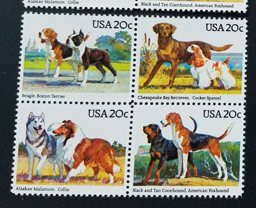 Four (4) vintage unused postage stamps - Dogs // 20 cent stamps // Face value 0.80