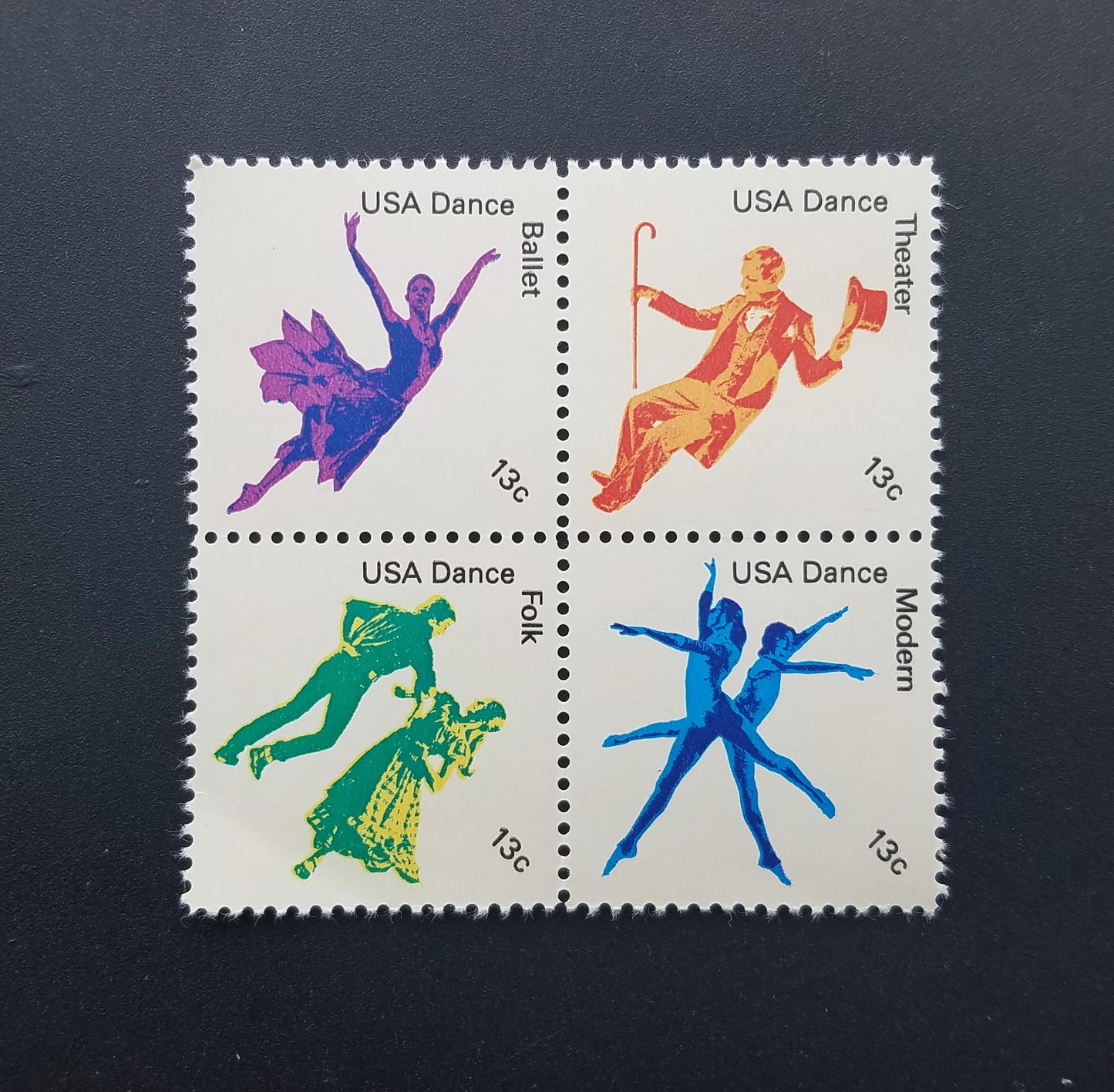 Four (4) vintage unused postage stamps - American dance // 13 cent stamps // Face value 0.52