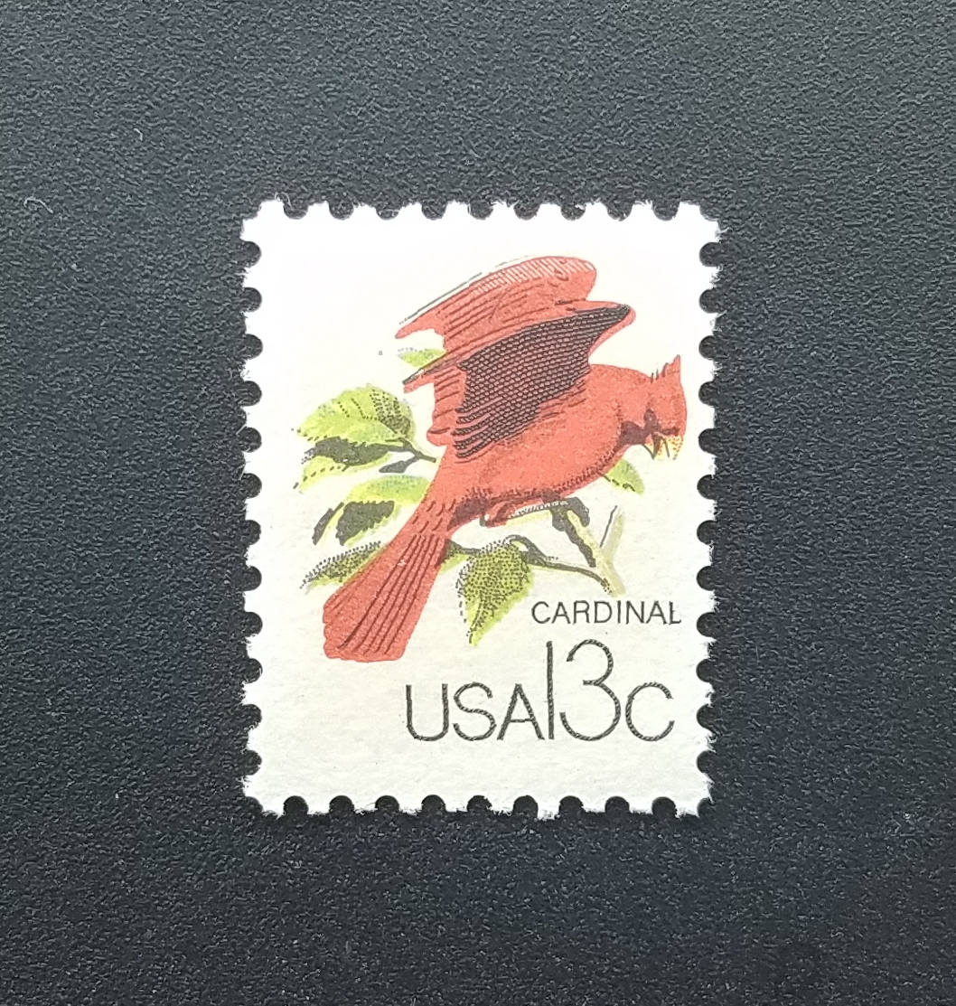 Five (5) vintage unused postage stamps - Canadian wildlife: Red cardinal // 13 cent stamps // Face value 0.65