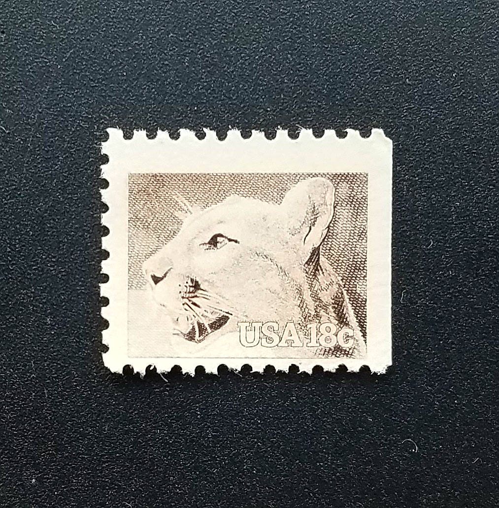 Five (5) vintage unused postage stamps - Puma, American wildlife // 18 cent stamps // Face value 0.90