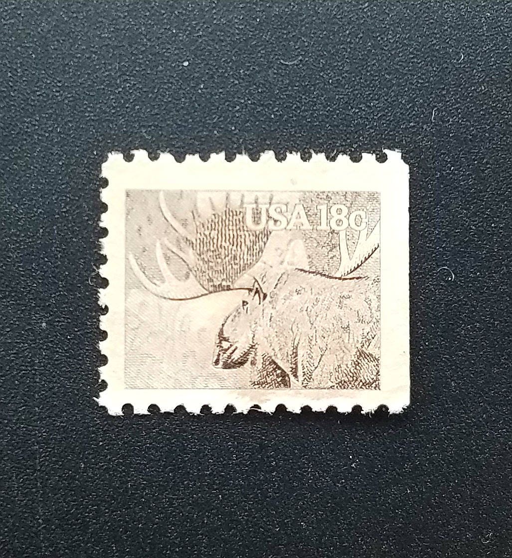 Five (5) vintage unused postage stamps - Moose, American wildlife // 18 cent stamps // Face value 0.90