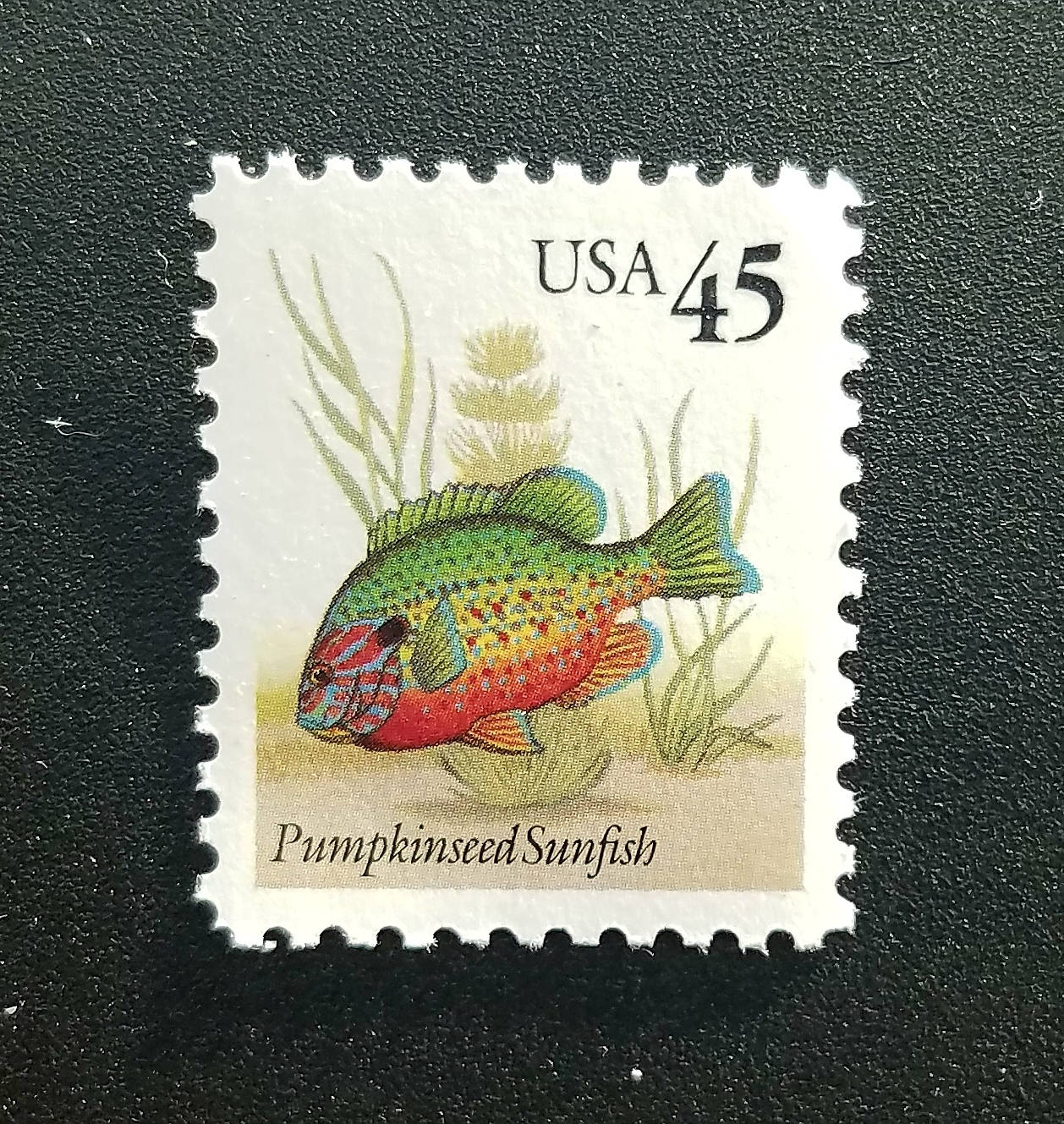 Five (5) vintage unused postage stamps - Pumpkinseed sunfish // 45 cent stamps // Face value 2.25