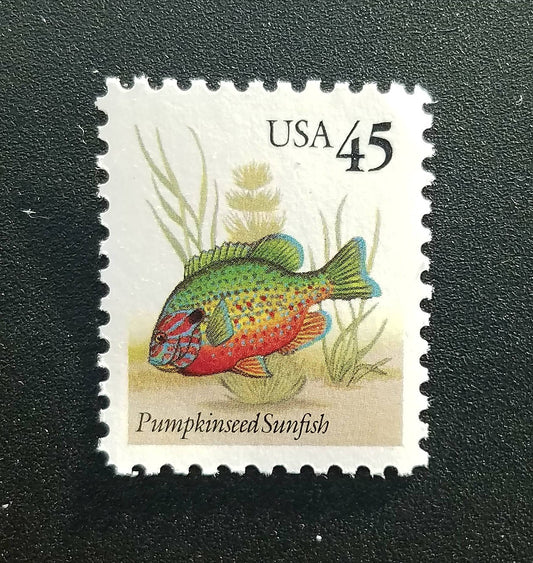 Five (5) vintage unused postage stamps - Pumpkinseed sunfish // 45 cent stamps // Face value 2.25