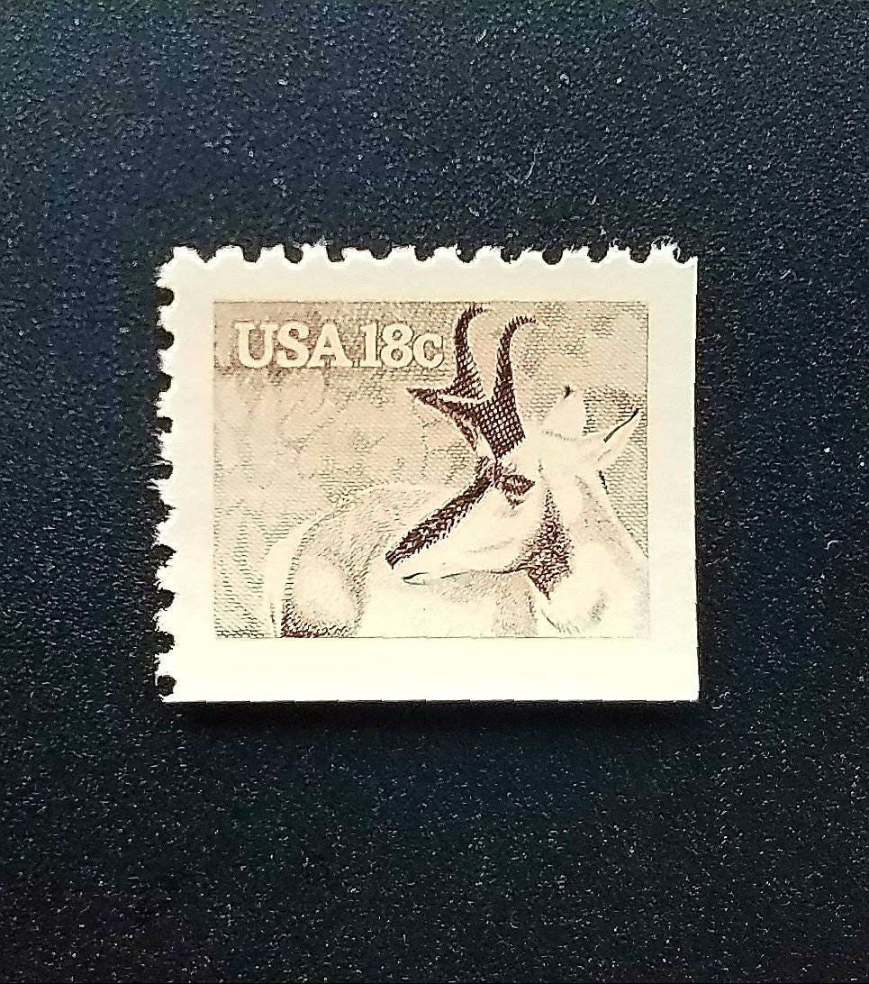 Five (5) vintage unused postage stamps - Prong-horned antelope, American wildlife // 18 cent stamps // Face value 0.90