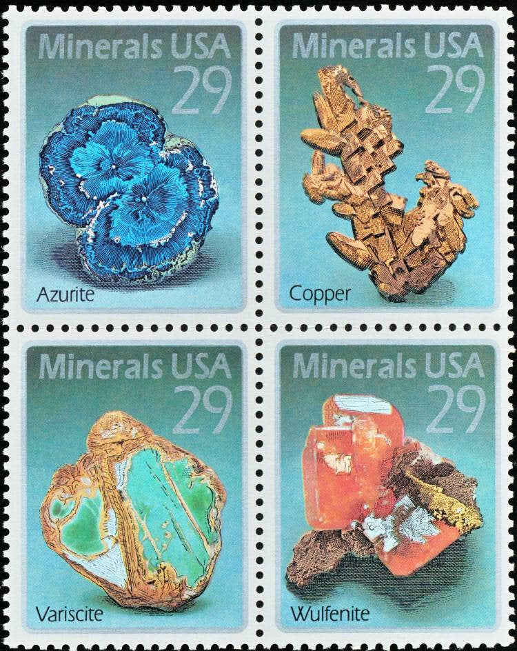 Four (4) vintage unused postage stamps - Minerals // 29 cent stamps // Face value 1.16