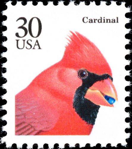 Five (5) vintage unused postage stamps - Red cardinal // 30 cent stamps // face value 1.50