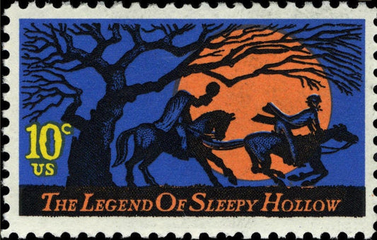 Five (5) vintage unused Halloween postage stamps - Sleepy Hollow, headless horseman // 10 cent stamps // face value 0.50