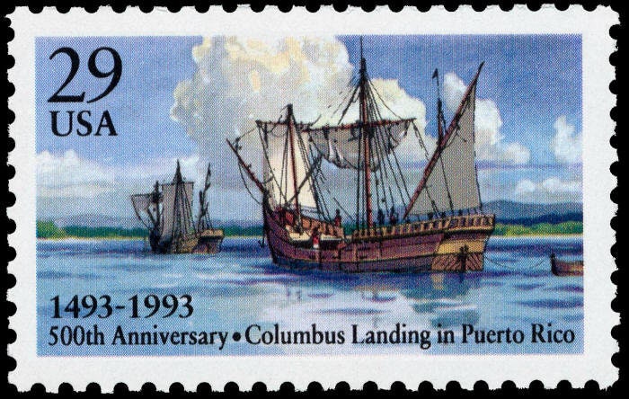 Five (5) vintage unused postage stamps - Columbus landing in Puerto Rico // 29 cent stamps // Face value 1.45