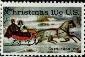 Ten (10) vintage unused Christmas postage stamps - The road, winter, by Currier & Ives // 10 cent stamps // Face value 1.00