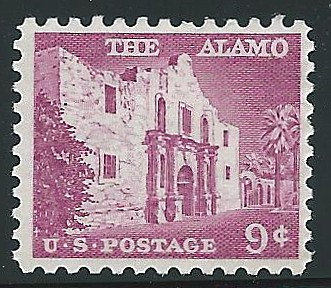 Five (5) vintage unused postage stamps - Alamo // 9 cent stamps // Face value 0.45