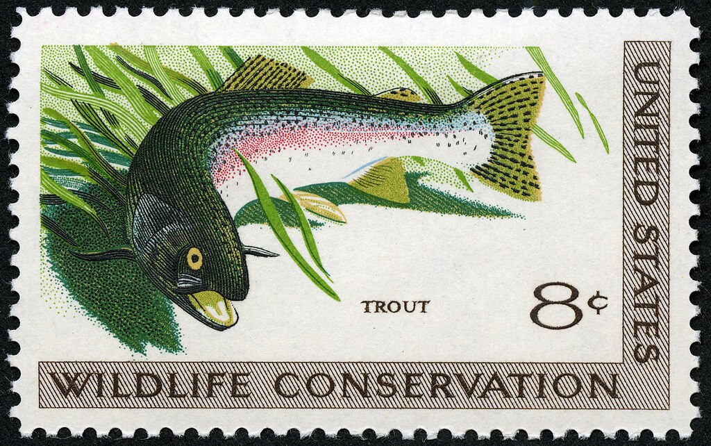 Five (5) vintage unused postage stamps - Trout, wildlife conservation // 8 cent stamps // Face value 0.40