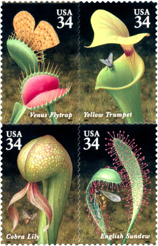 Four (4) vintage unused postage stamps - Carnivorous plants // 34 cent stamps // Face value 1.36