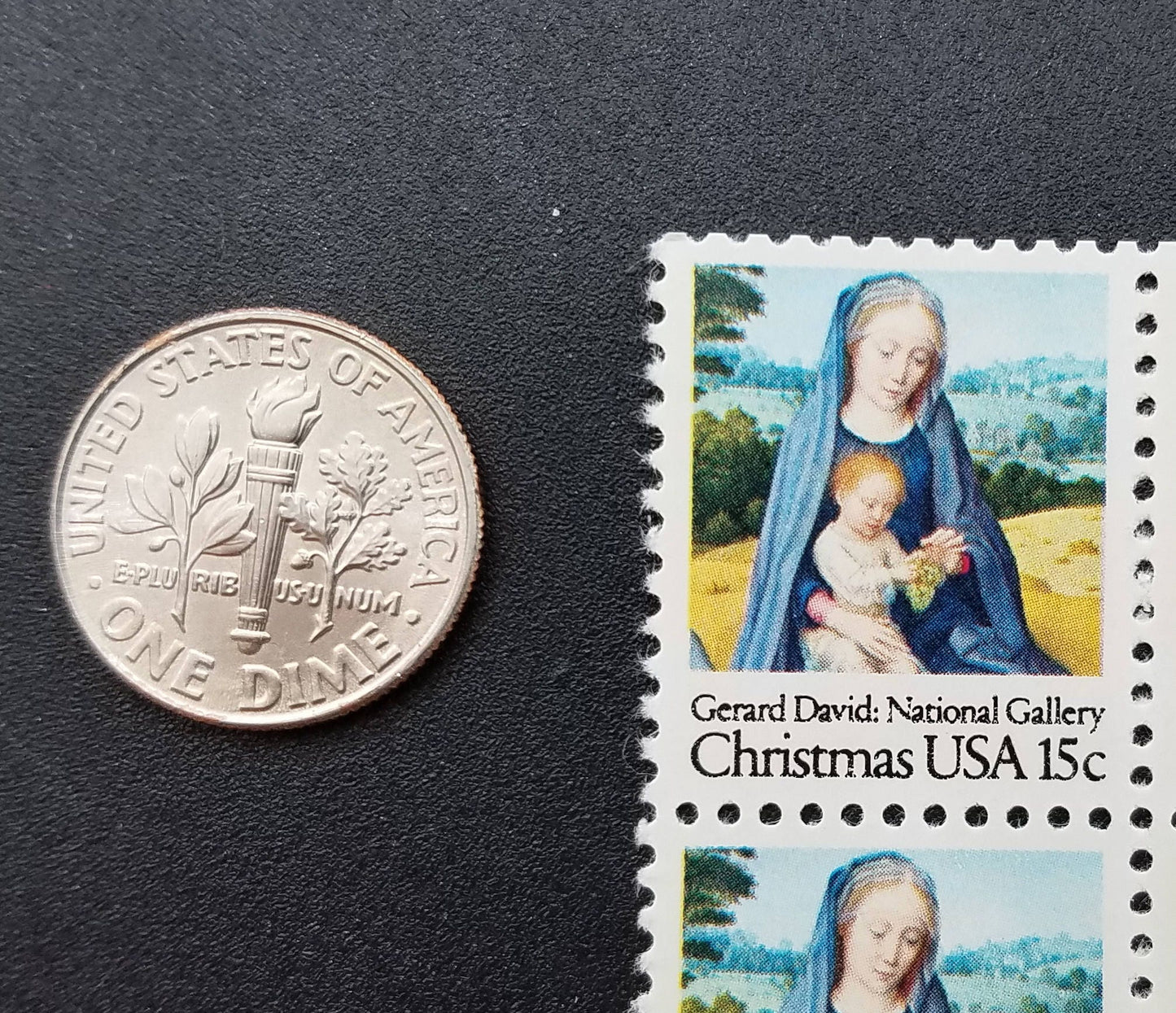 Ten (10) vintage Christmas postage stamps - Madonna and Child by G. David // 15 cent stamps // face value 1.50