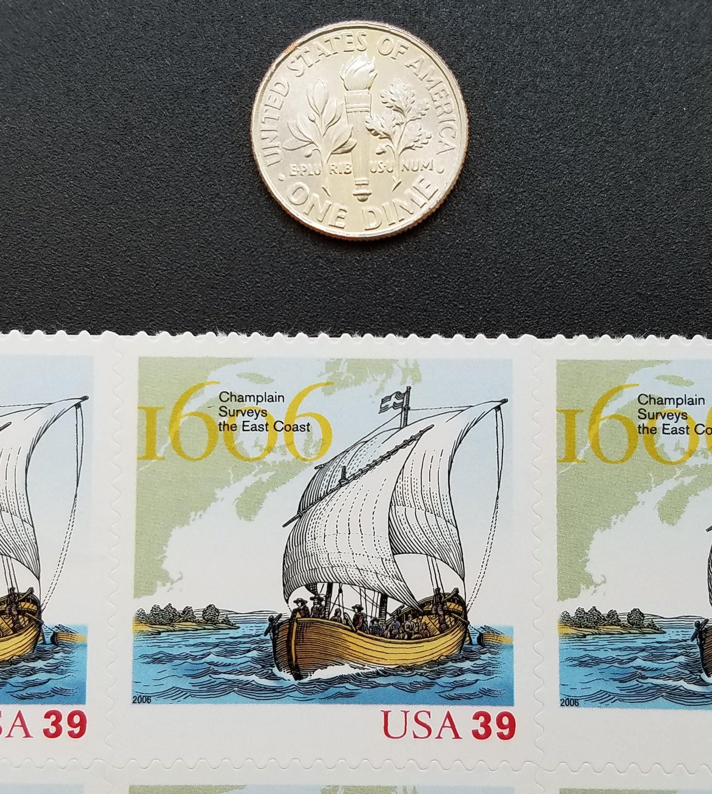 Five (5) unused vintage postage stamps - Samuel Champlain, 1606 // 39 cent stamps // face value 1.95