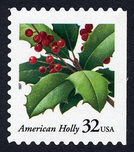 Five (5) vintage Christmas postage stamps - Holly // 32 cent stamps // Face value 1.60