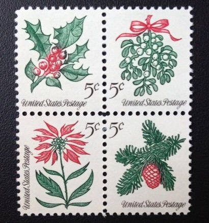 Four (4) vintage Christmas postage stamps - Christmas plants // 5 cent stamps // Face value 0.20