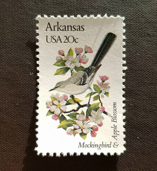 Five (5) vintage unused postage stamps - Arkansas state bird and flower // 20 cent stamps // Face value 1.00