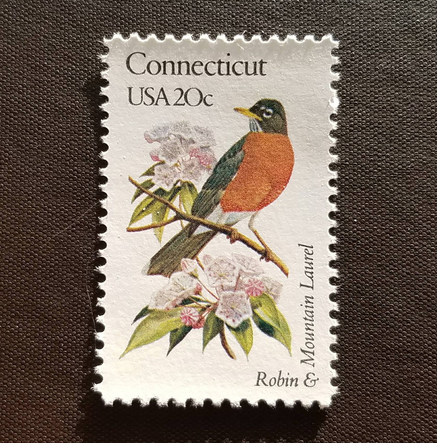 Five (5) vintage unused postage stamps - Connecticut state bird and flower // 20 cent stamps // Face value 1.00